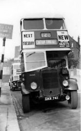 Maidstone & District Bristol K5G DH445 (GKR 741) from 1942, with a 1950 Saunders H56R 'Rivaloy' body (ex Chatham & District). Photographed November 1959 at Barrier Road, Chatham). No PV rad fitted at re-bodying

Photographed November 1959 at Barrier Road, Chatham